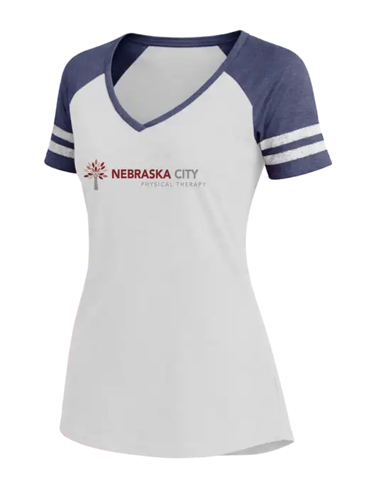 Womens White/Navy Heather V-Neck Game Tee w/Nebraska City Logo