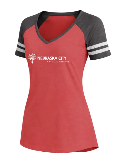 Womens Red Heather/Charcoal Heather V-Neck Game Tee w/Nebraska City Logo