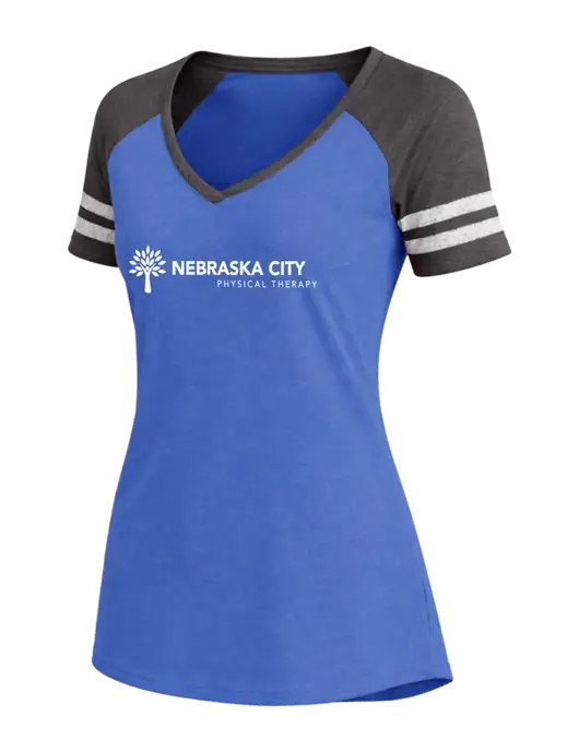 Womens Royal Heather/Charcoal Heather V-Neck Game Tee w/Nebraska City Logo