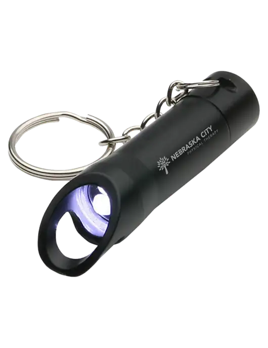 Black Pocket LED Flashlight with Bottle Opener & Keychain w/Nebraska City Logo
