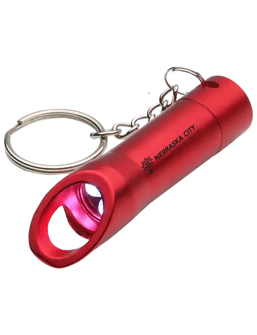 Red Pocket LED Flashlight with Bottle Opener & Keychain w/Nebraska City Logo