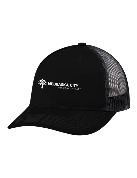 Snapback Ponytail Trucker Cap Black w/Black Mesh w/Nebraska City Logo