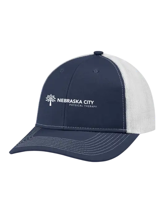 Snapback Ponytail Trucker Cap Navy w/White Mesh w/Nebraska City Logo