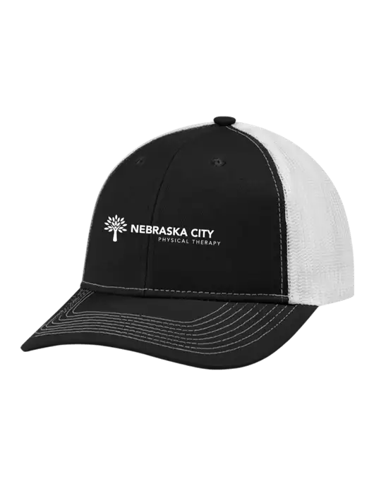 Snapback Ponytail Trucker Cap Black w/White Mesh w/Nebraska City Logo