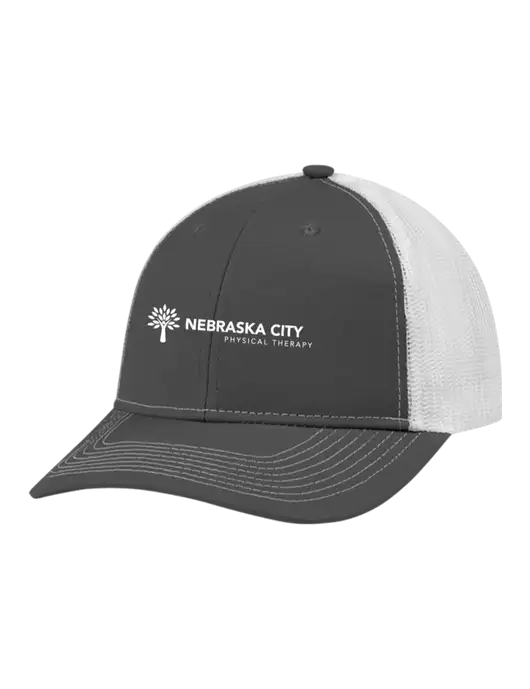 Snapback Ponytail Trucker Cap Dark Grey w/White Mesh w/Nebraska City Logo