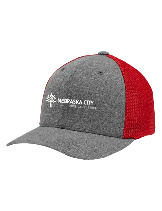 Flexfit Red/Medium Grey Heather Melange Mesh Back Trucker Cap w/Nebraska City Logo
